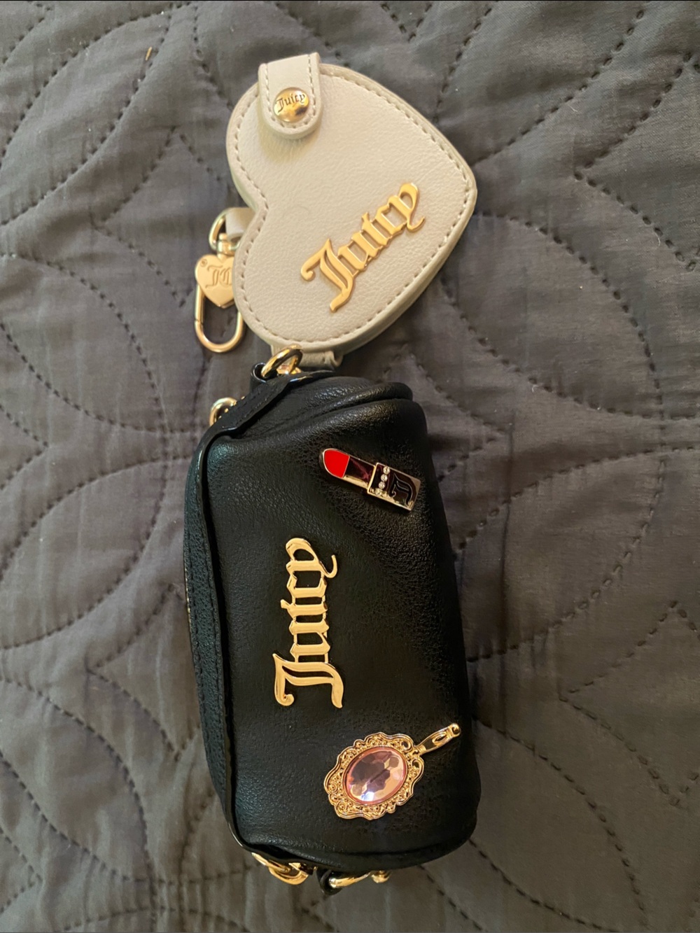Juicy Couture Black Mini Pouch with Cream Heart Keychain and Gold Accents